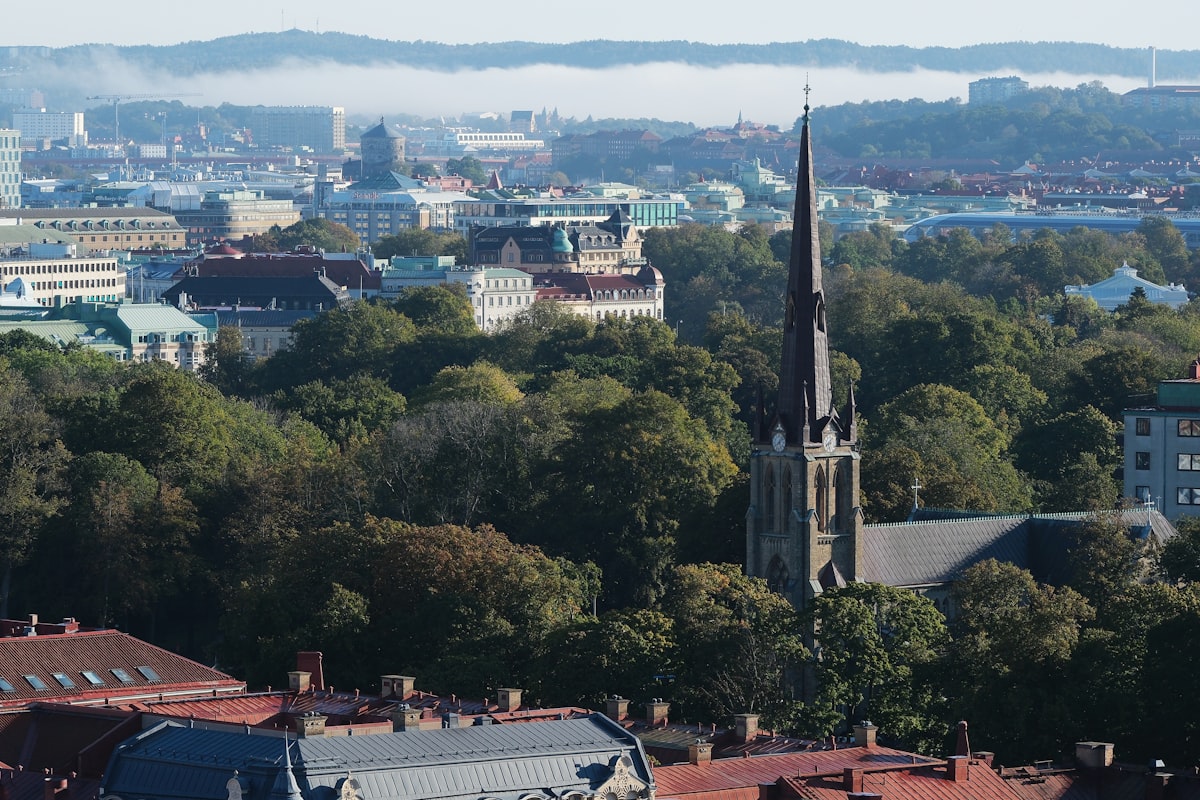 Colourful old town and autumn trees, Sweden